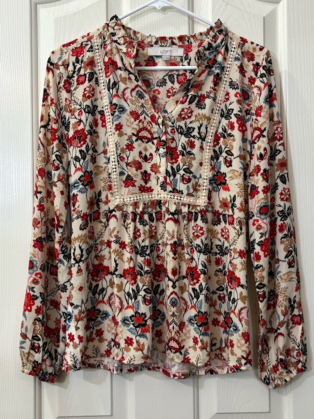LOFT Cream Floral Long Sleeve Peasant Blouse with Red & Blue Accents
